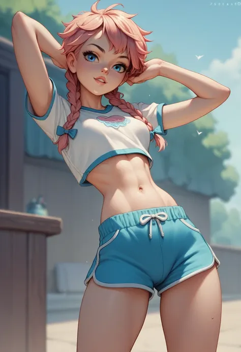 1 handsome teenager, short Levander hair with braids, blue eyes, few, narrow waist, slim, small crop top, short cotton pajama shorts, in panties