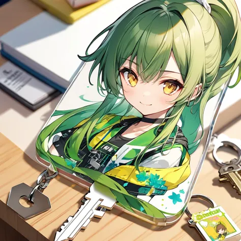 ((Acrylic key chain with girl illustration)) put on desk, solo:2, (beautiful delicate ponytail) (beautiful green hair long hair) (best cute fighter girl is 15 yo) (cute yellow eyes) (soft smile).