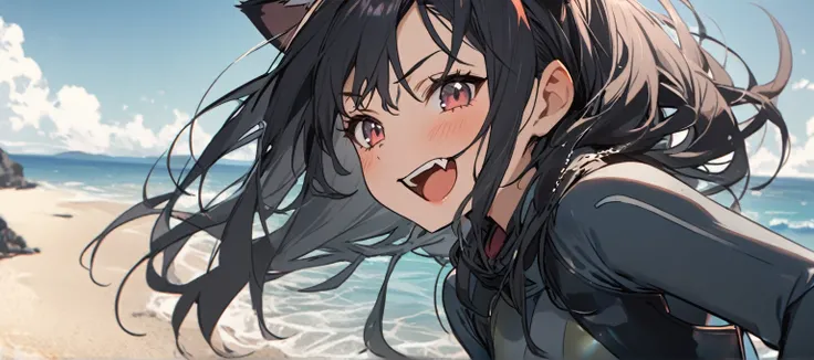 1 girl, , dark long hair,in a diving suit,somewhere on the seashore,small details,fang,cat ears