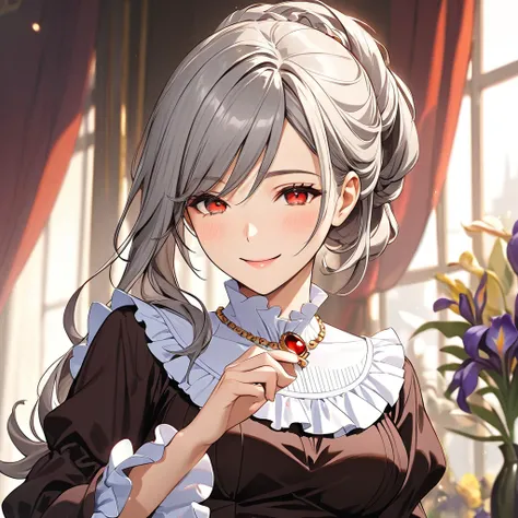 Iris, 1 mature female, gray hair, long hair,  updo, red eyes, necklace, Dark brown dress、frilled collar, white collar,  detachable collar、long sleeve, frilled sleeve, asymmetrical bangs、smile, masterpiece 、detailed eyes, Beautiful attention to detail:1.2, ...