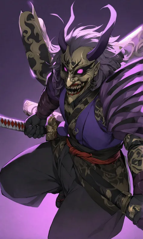 Boy&#39;s black eye、Dark Night、Purple Background、Demon mask with purple jacket、Samurai style sword