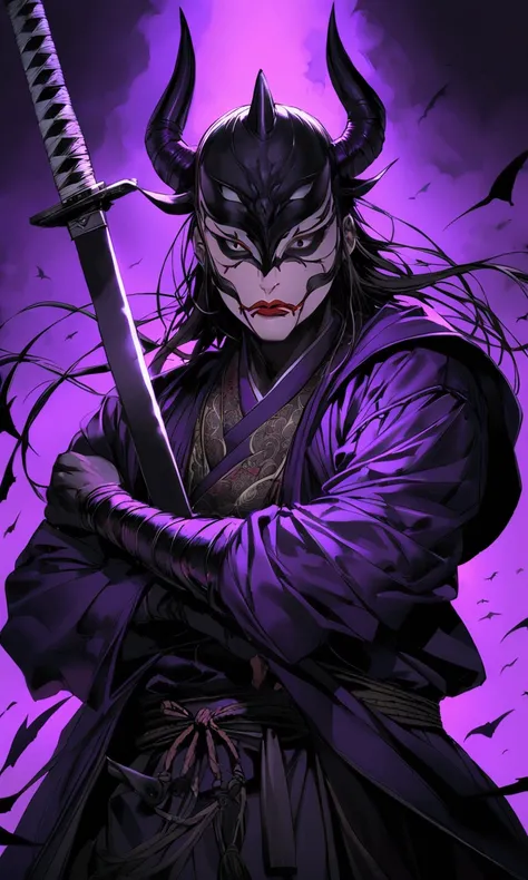 Boy&#39;s black eye、Dark Night、Purple Background、Demon mask with purple jacket、Samurai style sword