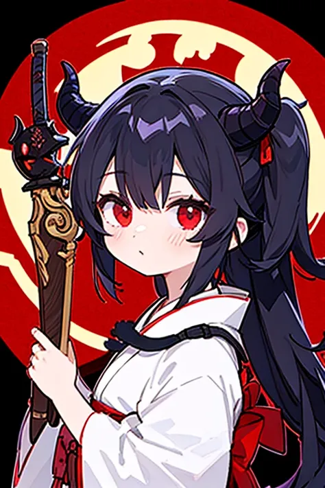 Girl、Red eyes、Dark Night、Night Background、Demon mask wearing white kimono、Samurai style sword