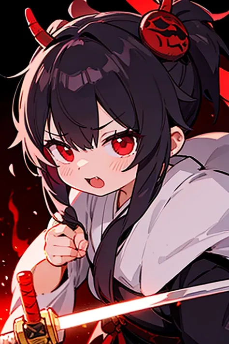 Girl、Red eyes、Dark Night、Night Background、Demon mask wearing white kimono、Samurai style sword、Scary face