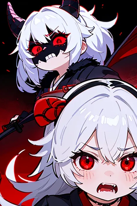 Girl、Red eyes、Silver Hair、Dark Night、Night Background、Demon mask wearing white kimono、Samurai style sword、Scary face