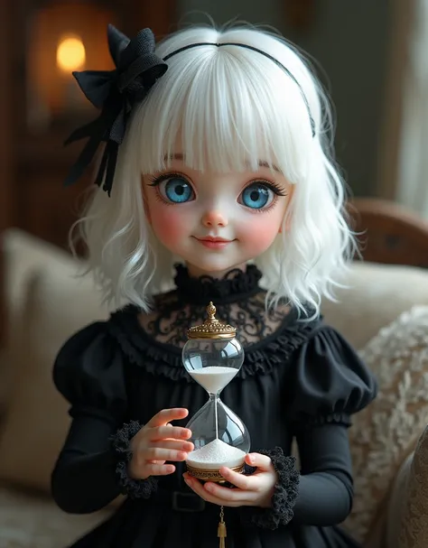 (1 cute albino little girl), , blue eyes, skin white as snow, black victorian clothes, shy smile, very beautiful, cozy atmosphere, in a cozy house, medium white hair, elegant, detailed face, detailed eyes, detailed body, very realistic, fringes, holding a ...