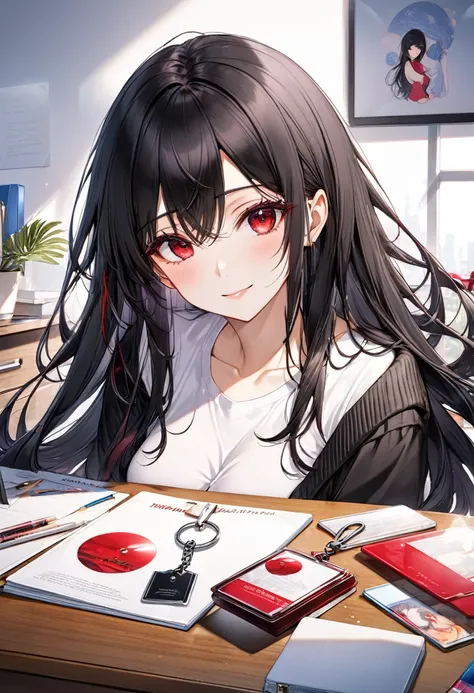 ((Acrylic key chain with girl illustration)) put on desk, (beautiful straight black hair long hair) (cool girl is 18 yo) (cool red eyes) (soft smile), (big tits), break.