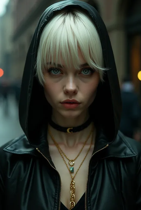 The following features can be seen in this image:.

 - Short white blonde hair style
 - Green eyes
 - Wearing a black hooded jacket
 - She wears a gold necklace around her neck
 - She has a serious expression on her face.
 - Background is dark and atmosphe...