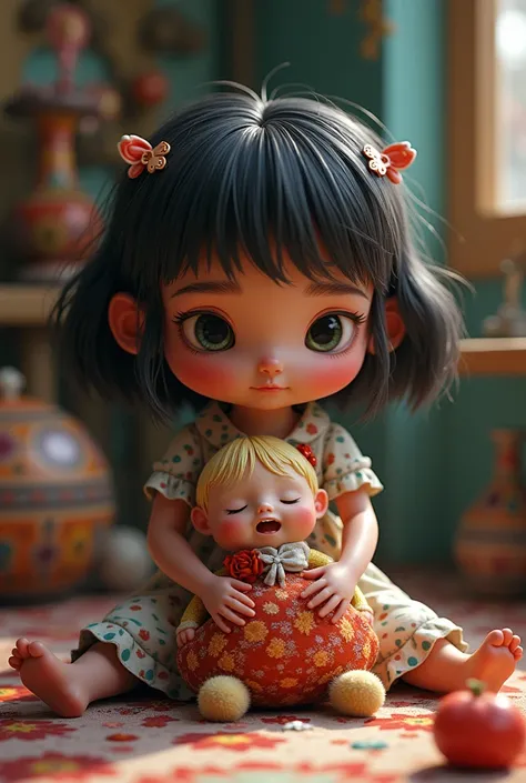 a beautiful detailed 3d cartoon girl, sitting and hugging a cloth doll, expressiveandemotional, peculiar, grunge, eclectic, vibrant colors, intricate, sophisticated, style of nicoletta ceccoli, loish, sam toft, unique, interesting background, ultra detaile...