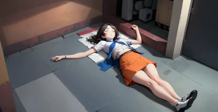 young woman, lying down on floor, at hotel s basement, lying on flat, sleep with turning face up, closed eyes, she has black shoulder-length wavy hair (+forehead), wearing orange blazer, white polo shirt (+loosed shirt), orange-gray denim pencil mini skirt...