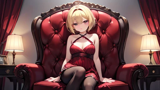 Score_9, Score_8_up, Score_7_up, BREAK best quality, HD, Masterpiece, aesthetics, muy aesthetics, 1 girl, realistic, real person, short hair, diadema, she wore a red evening dress, blonde hair, dark pantyhose, shelter, big tits, Party hall, Looking at the ...