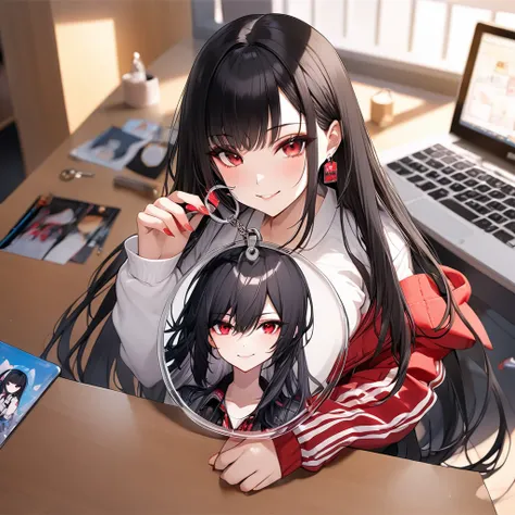 ((Acrylic key chain with girl illustration)) put on desk, (beautiful straight black hair long hair) (cool girl is 18 yo) (cool red eyes) (soft smile), (big tits).