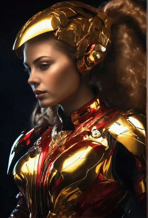 a beautiful woman with shining gold eyes, gold hair, leader of a big futuristic spaceship, wearing gold armor with red details, a futuristic goddess warrior, caravaggio painting style, cinematic lighting, dramatic chiaroscuro, vivid colors, highly detailed...