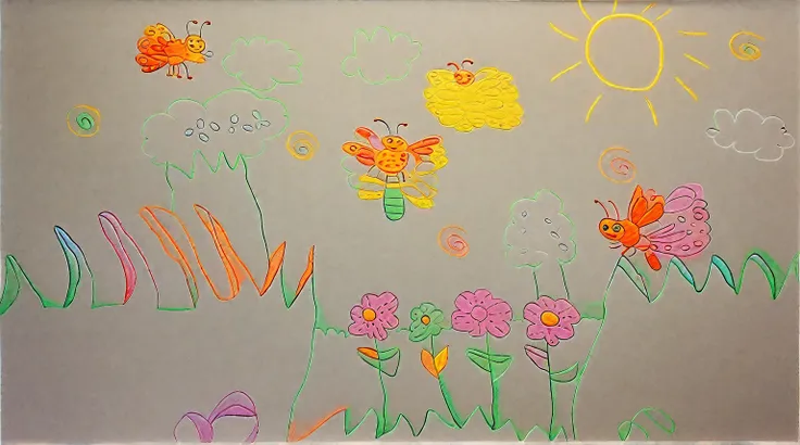 a drawing of a field with flowers and butterflies and a sun, colouring - in sheet, coloring book page, coloring book outline, kids fantasy drawing, colouring page, line art colouring page, clean coloring book page, colorkey scene, childrens book drawing, b...