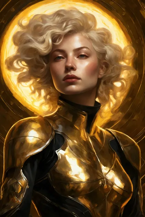 space warrior in a nanosuit; women with gold hair and gold eyes like the sun; caravaggio paiting