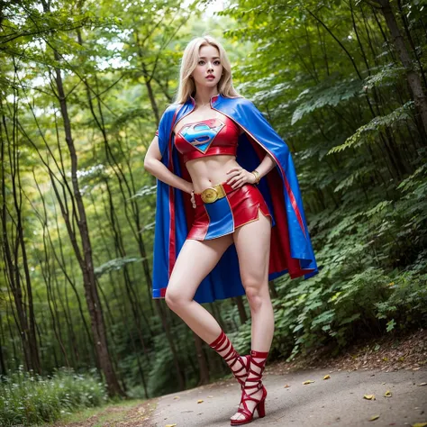 sexy, athletic girl, blonde hair with red streaks on one side, blue eyes, short Superman top, big breasts, high heel sandals, red mini skirt with gold feel and buckle with Superman symbol, a red mini cape on the back, in a forest, trees in the background, ...