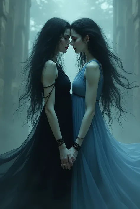 Occupation: Manifestations of the subconscious mind Appearance: Two female figures with long, flowing black hair. Her pale skin seems to glow with an unearthly aura. One is dressed in a flowing black dress, enquanto a outra usa um vestido azul deep. Chains...