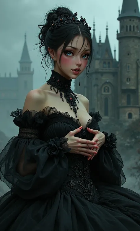 1 close-up of a woman in a dress against a castle, gothic fantasy art, fantasy dark art, gothic fantasy, gothic, in style of dark fantasy art, gothic art, gothic maiden of darkness, detailed fantasy art, large bust, looking at us, 3 sitting sideways to us ...