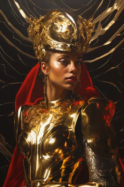 caravaggio painting; high contrast; red rising book series; virginia au augustus; beautiful woman, gold hair; shining gold eyes; leader of big spaceship feet; gold futuristic armor with red details; futuristic godess warrior; high-tech armor
