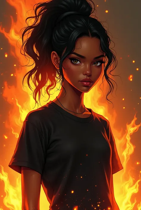 unkempt appearance of a mulatto girl with ponytail black hair, fire, black t-shirt, flames, elegant, digital painting, conceptual art, sharp focus, Illustration  