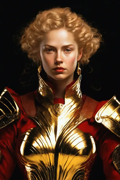 caravaggio painting; high contrast; red rising book series; virginia au augustus; beautiful woman, gold hair; shining gold eyes; leader of big spaceship feet; gold futuristic armor with red details; futuristic godess warrior; high-tech armor
