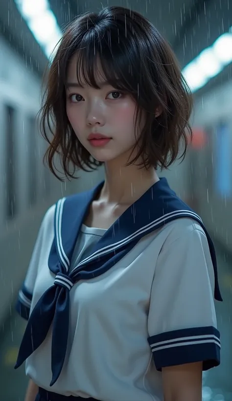 Mix 4, (8k, Live Shooting, Best Quality:1.21, masterpiece:1.21), (Genuine, Realistic:1.37), Cute Japanese Woman, night, rain, Wet:1.37, Wet服:1.37, Wet髪:1.37, Professional Lighting, Photon Mapping, Radio City, Physically Based Rendering, Brown Hair, Layered...