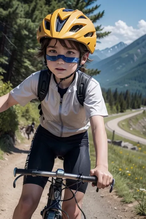 create a coloring image of a  boy riding his bike through the mountains. This one has brown hair down to his ears, is wearing a protective cycling helmet