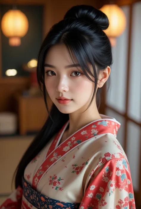 ((super photographic, superrealism)),Front view 1 woman, beautiful young Japaneses woman, her name is Junko Fuji,  (Black hair , chignon , fringe, beautiful dark brown eye, smile), (C cup breasts, wide hip), ( Japanese traditional Kimono, kimono below  flo...