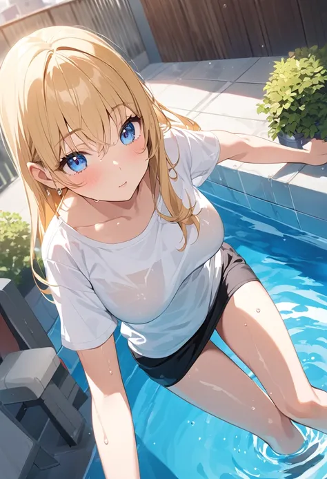 Anime Style, Create a photo-like young woman with blonde hair (Shoulder length), Blue eyes and big breasts. She is wearing a white T-shirt, Round neck, Long Fit、Short sleeve, No bra, She also、She is wearing a unicolor black cotton miniskirt. She climbs out...