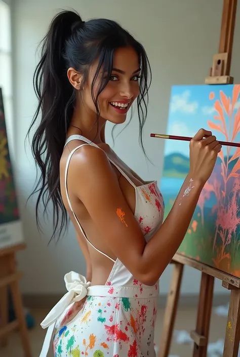 realistic photograph, detailed, intricate, elegant, topless supermodel white painters apron with colorful paint stains on the clothes and the girl, side view ((((oversized breasts, oiled skin glistening, dark suntan, bigboobs)))), dark hair with glossblack...