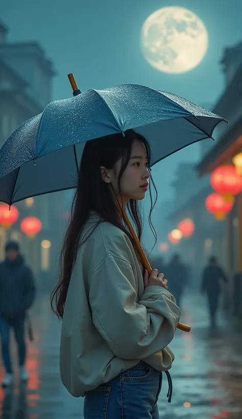 On the rainy playground, the girl hit the umbrella above her head, and held an umbrella in her other hand, blue denim leggings, masterpiece superb night moon full moon 1 female mature woman, Chinese sister royal sister cold face showing silver white long h...