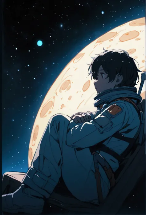 Images of a lonely man in space sitting and watching the stars