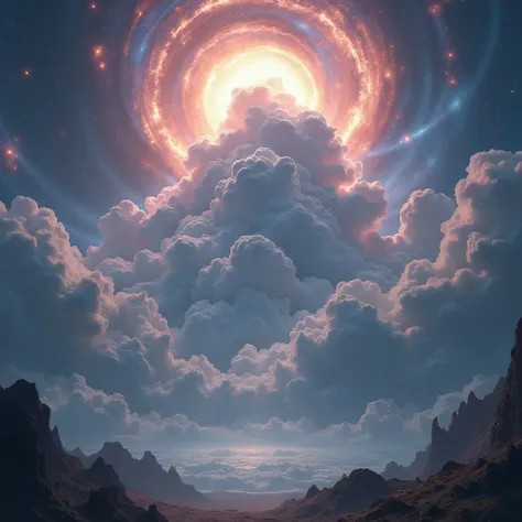 GOD, the omnipotent creator of the entire universe, bigger than all the galaxies, represented by the figure of a gigantic hyper hyper mega cloud of energy in the middle of the hyper detailed universe, hyper sharp, super-realistic, intricate, 32 mil, Photor...