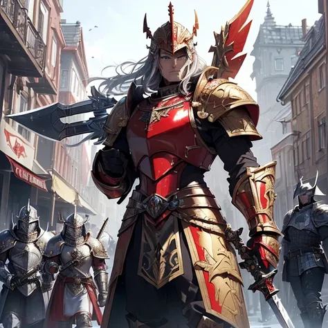 Masterpiece, absurdres, best high quality image, high fantasy genre, carefully detailed textures, detailed image and background, (“warhammer 40k aesthetic”).Hd, high quality, high resolution.
{{(A male super-soldier-knight:(standing firmly on guard around....