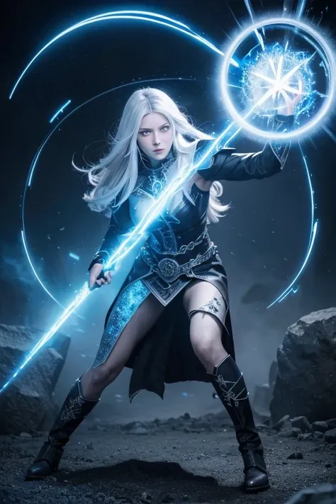 A dark mage surrounded in the magic symbols casting powerful spells in an action pose, white hair with dark grey highlights, full body shot, epic battle scene, surrounded by magical blue energy, sparks flying everywhere, surrounded by yellow glowing runes ...