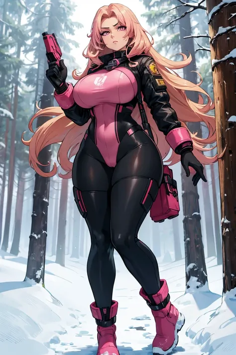 a ultra high quality fully detailed master piece 32k fully body attractive young woman with long brown wavy hair, light skin, pink eyes, a serious face, huge breasts, pink warm spy attire, long snow boots, curvaceous hourglass figure, long legs, thick thig...