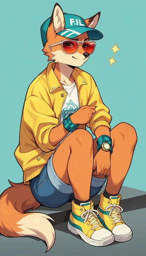 Alone, score_9, score_8_up, score_7_up, score_6_up, score_5_up, source_anime, score_4_up, anthropomorphic fox, with orange fur and white details on the face, on the ears and the tip of the tail, wearing a blue checkered hat, red sunglasses, yellow jacket w...