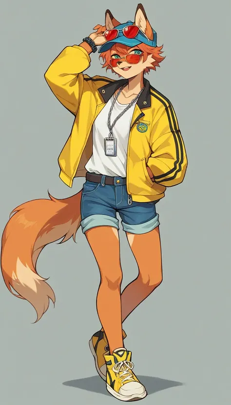 Alone, score_9, score_8_up, score_7_up, score_6_up, score_5_up, source_anime, score_4_up, anthropomorphic fox, with orange fur and white details on the face, on the ears and the tip of the tail, wearing a blue checkered hat, red sunglasses, yellow jacket w...