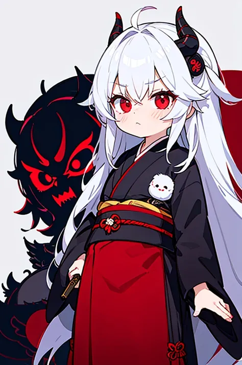 Girl、Red eyes、Silver Hair、Dark Night、Night Background、Demon mask wearing white kimono、Samurai style sword、Scary face