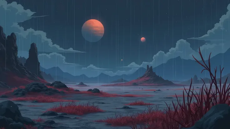 from a distance, long shot, deep space, deserted rocky landscape, small hills, some weird red plants, night, raining, on the space you can see planets in various colors; (no humans); anime art, stylized