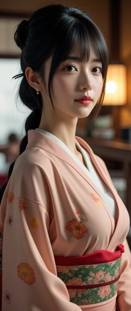 ((super photographic, superrealism)),Front view 1 woman, beautiful young Japaneses woman, her name is Junko Fuji,  (Black hair , chignon , fringe, beautiful dark brown eye, smile), (C cup breasts, wide hip), ( Japanese traditional Kimono, kimono below  flo...