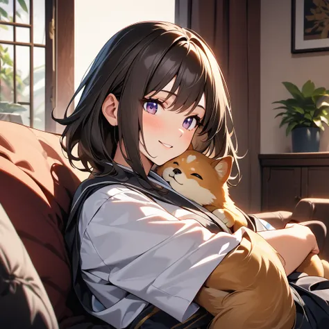 Please create a high school girl wearing a Japanese uniform.。Petting a medium-sized Shiba Inu dog。hair is medium hair、Dark brown、She has a gentle smile。Living room at home、sofa。(Highest quality、8k、masterpiece:1.3)、Very detailed、Real、High resolution
