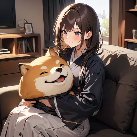 Please create a high school girl wearing a Japanese uniform.。Petting a medium-sized Shiba Inu dog。hair is medium hair、Dark brown、She has a gentle smile。Living room at home、sofa。(Highest quality、8k、masterpiece:1.3)、Very detailed、Real、High resolution
