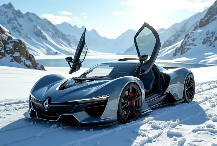 sports car "renault", concept snow, scissor doors, commercial photo shoot, presentation, (epic and breathtaking landscapes all around), 64K, UHD, HDR, Hyperdetailing, dynamic perspective, perfect viewing angle, Acid colors, bright shades, Through the windo...