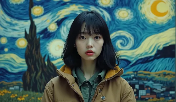 live-action、Genuine、Painter Van Gogh background、Beautiful Japanese Women、Alone、depression、Black Hair、Straight Hair、Mountain parka