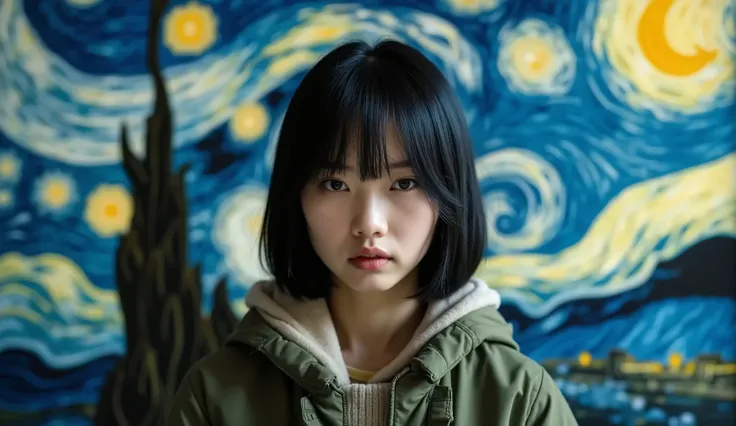 live-action、Genuine、Painter Van Gogh background、Beautiful Japanese Women、Alone、depression、Black Hair、Straight Hair、Mountain parka