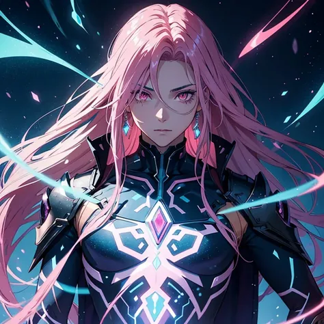 Create a highly detailed anime-style male character. He has luminous, glowing eyes with intense vibrant colors, similar to shades of pink or neon red. His hair is long and flowing, with dark tones such as deep blue or black, with highlighted strands that c...