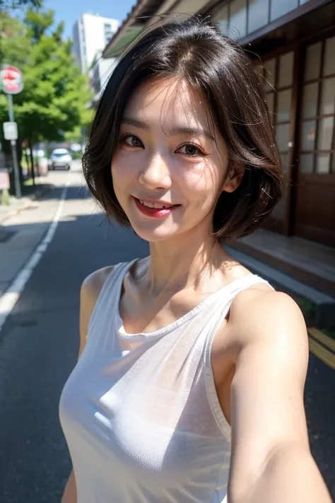 Best Quality, 8k, masterpiece, Photorealistic,((Selfie)),Realistic, 60 years old,((An innocent smile)),Taking a walk,A beautiful Japanese woman with half-Japanese features,Relaxed Style,Medium Hair,Facial wrinkles, ((Upper Body)),Medium Hair, (Viewer&#39;s...