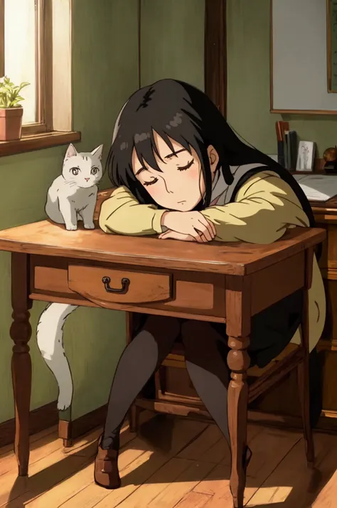 ghibli, study desk, a black haired girl tired sleeping on desk, with a cat on the desk,