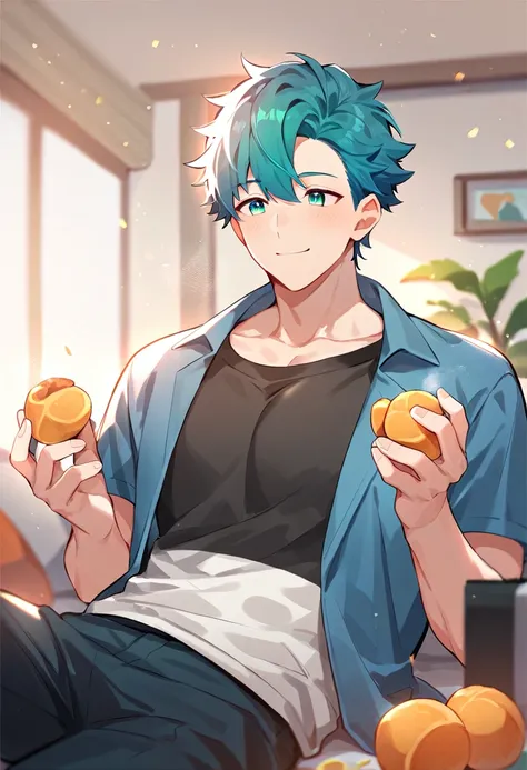 1 boy, cute, shotas, 2D, shirt, pants, looking at another, smile, indoors, best quality, amazing quality, best aesthetic, color plano, sencillo, no NSFW, hot